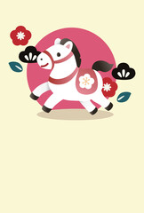 年賀2026　午年　馬　年賀状　可愛い馬と松竹梅　和風モダン　フレーム　テンプレート　イラスト素材