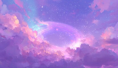 Dreamy pastel clouds with a luminous ring portal in a starry, gradient sky backdrop