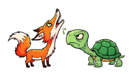 Obraz premium A vibrant cartoon fox passionately howls at a stern, unyielding turtle, depicting a humorous concept of contrasting personalities and communication styles in a whimsical confrontation