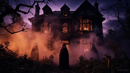 Spooky old mansion at night with glowing windows and eerie fog in a dark forest landscape - Powered by Adobe
