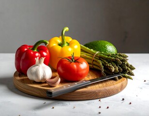 Fresh vegetables artfully arranged on a wooden cutting board