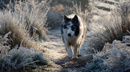 Fototapeta premium Border collie dog with heterochromia walking frosty winter path