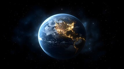 Fototapeta premium Earth viewed from space during nighttime revealing bright city lights and clear atmosphere