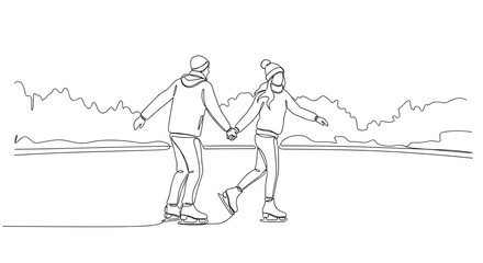 Young couple ice skating together on frozen lake in winter  