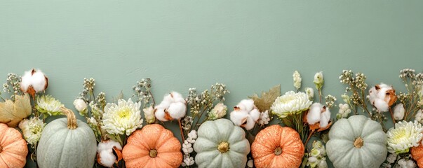 Halloween background with orange green pumpkin, autumn flowers. Olive green backdrop. Modern Holiday design. party border natural colour. Thanksgiving trendy fall decoration. Nordic, hygge, cozy home.