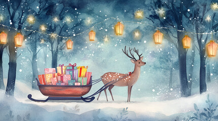 Watercolor winter scene with a reindeer pulling a sleigh full of gifts illuminated by lanterns in a snowy forest perfect for holiday cards and festive designs