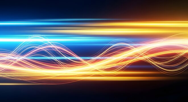 Dynamic glowing lines of blue and orange light waves representing high-speed digital data transmission and futuristic energy flow