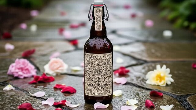 A brown bottle of kombucha is centerd on a wet stone path surrounded by flower petals