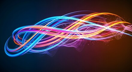 Vibrant abstract light streams gracefully intertwining against a dark backdrop, symbolizing dynamic energy flow and advanced digital concepts with a futuristic aesthetic