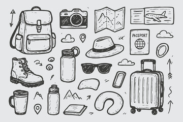 Hand Drawn Travel Essentials Vector Set – Adventure Sketchbook Style Illustration in Black and White