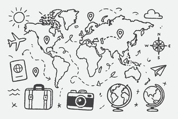 World Map Travel Lines Sketch Set – Hand Drawn Globe and Journey Vector Illustration in Black and White