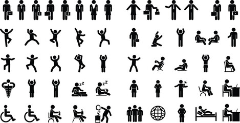 Human activity icons, silhouette vector set, business and health illustration, dynamic pose graphic, interaction design, lifestyle symbol collection