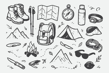 Mountain Hiking Gear Sketch Set – Hand Drawn Adventure Essentials Vector Illustration in Black and White