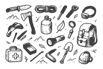 Wilderness Survival Tools Sketch Set – Hand Drawn Outdoor Adventure Equipment Vector Illustration in Black and White