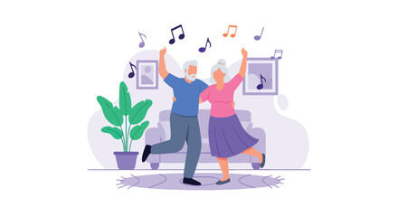 Flat vector of senior couple dancing at home with music and smiles, active lifestyle promoting joy and love