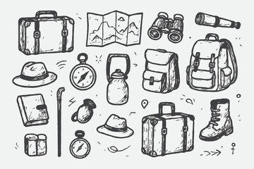 Vintage Travel Gear Sketch Set – Hand Drawn Exploration Tools and Luggage Vector Illustration in Black and White