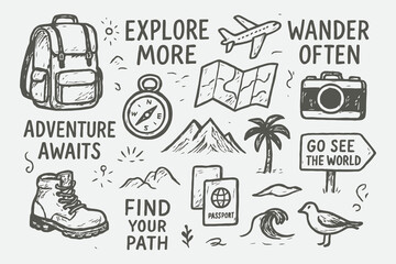 Travel Quotes Sketch Vector Set – Hand Drawn Adventure Lettering and Doodle Illustration in Black and White