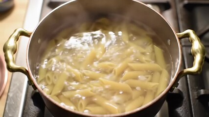 Penne pasta boils in bubbling water inside a copper pot on a black gas range top - Powered by Adobe