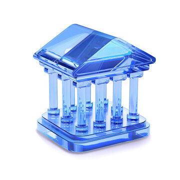 3D icon of a bank building, a theater, made of blue glass. Classic Building with Columns