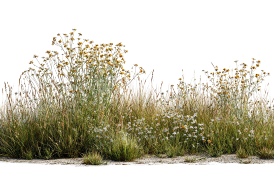 Natural grass & flowered plants row on light ground