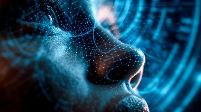 Macro shot of an AI interface gently analyzing human emotions, abstract holographic data streams surrounding calm human features, futuristic healthcare concept, ai driven mental health tools