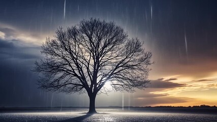 A bare tree silhouetted against a dramatic sky with rain falling down in streaks - Powered by Adobe
