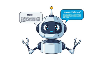 Cute robot with speech bubbles saying Hello and How can I help you