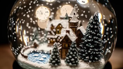 Detailed snow globe featuring a wintery scene with buildings, trees, and falling snow - Powered by Adobe