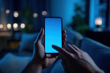 Point finger on screen phone closeup, person testing test message, touch blue screen on smartphone. Night Bokeh Light. Close-UP. Person using in hands mobile phone close up in the dark. Online wi-fi
