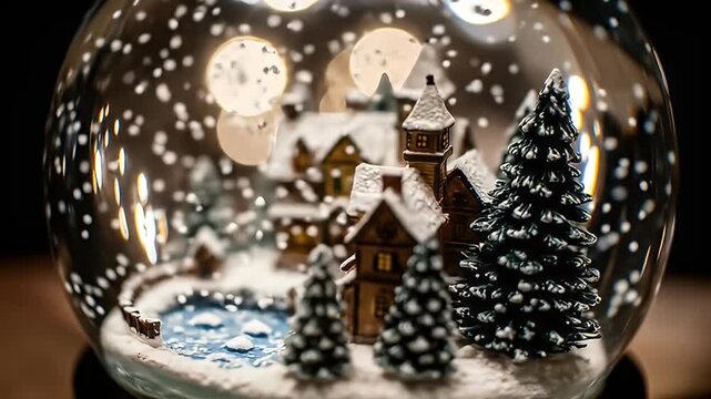 Detailed snow globe featuring a wintery scene with buildings, trees, and falling snow