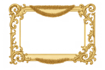 Golden ornate frame with rococo baroque design and festive garland, ideal for event borders or holiday greetings, transparent background