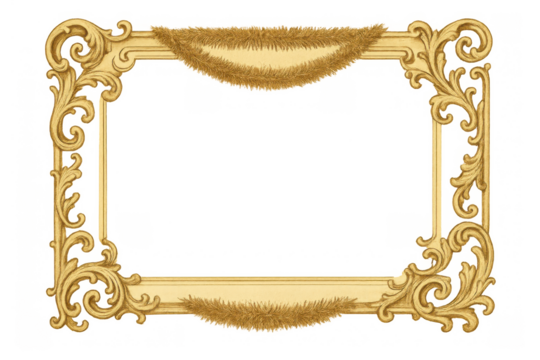 Golden ornate frame with rococo baroque design and festive garland, ideal for event borders or holiday greetings, transparent background