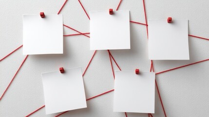 Notes Connected by Red Threads on a Wall, Symbolizing Investigation and Analysis in a Creative Workspace Environment