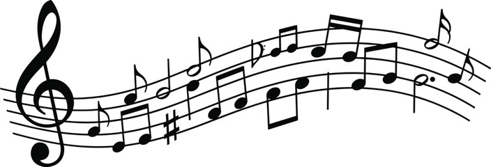 Musical staff vector, treble clef illustration, flowing melody design, music note graphic, black and white composition, rhythm symbol art