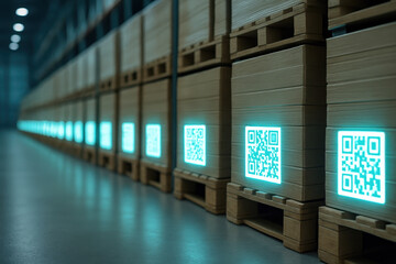 Warehouse pallet with glowing QR code label for e commerce logistics automation and efficient inventory management in modern distribution center