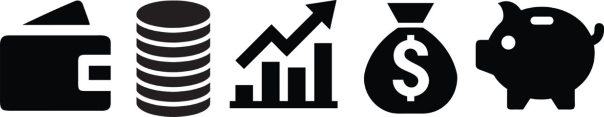 Wallet with cards, coins, growth chart, moneybag, and piggy bank in flat silhouette style