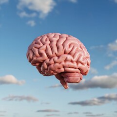 human brain floating in blue sky with clouds surreal concept of mind freedom and imagination