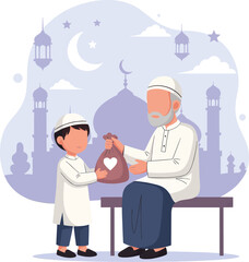 Little boy giving donation charity and kindness concept flat vector illustration