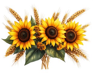 Naklejka premium A bright bouquet of sunflowers and wheat stalks, close-up