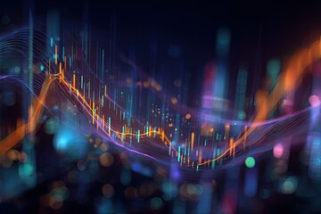 Abstract depiction of digital data flow, waves, and bars in neon colors over dark background