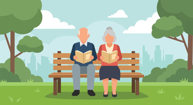 Elderly couple enjoying a peaceful day in the park, reading books together on a bench. Serene outdoor scene depicting retirement, leisure, and a healthy lifestyle. Perfect for themes of aging