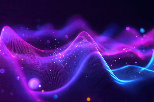 Abstract digital wave with vibrant neon colors and particles floating in space