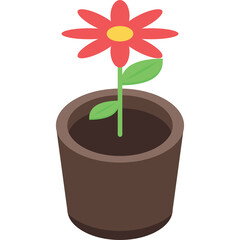 Red Flower with Yellow Center in a Brown Potted Plant with Green Leaves Against a Transparent Background