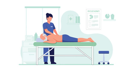 Flat vector of senior man receiving physiotherapy from doctor in clinic, physical recovery and rehabilitation theme