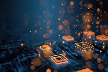 Abstract illustration of glowing squares on an illuminated circuit board with bokeh background