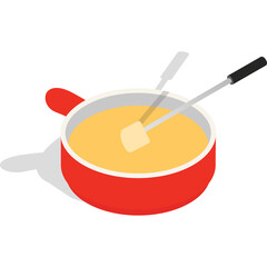 Red Fondue Pot Filled With Yellow Cheese And Two Forks With Bread Cubes Ready To Dip Minimalist Illustration On White Background