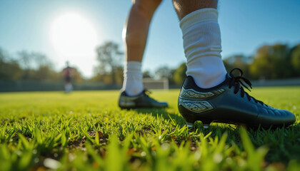 Football player cleats on green grass ready for action. Man waits for start signal preparing for quick sprint on stadium field. Ball game begins outdoors.