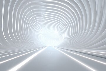 Modern, futuristic, tunnel-like interior with bright lights and a curving, ribbed structure