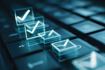 A close-up of a keyboard with illuminated checkmarks floating above the keys