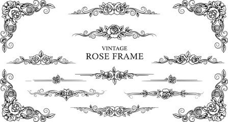 Vintage rose frame, floral border vector, ornate decoration design, symmetrical flower motif, elegant invitation element, classic scroll illustration